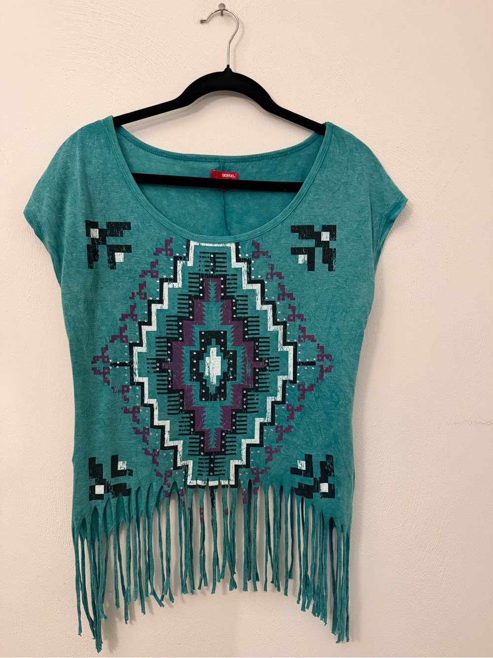 BONGO Teal Aztec Fringe Crop Top